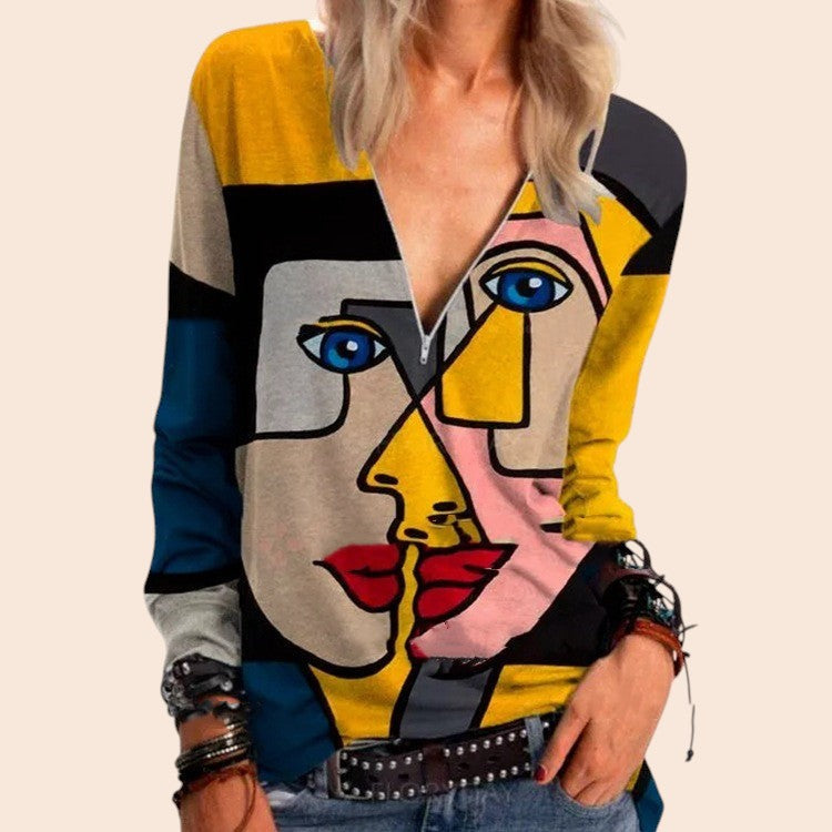 Abstract Face Art Print V-Neck Top