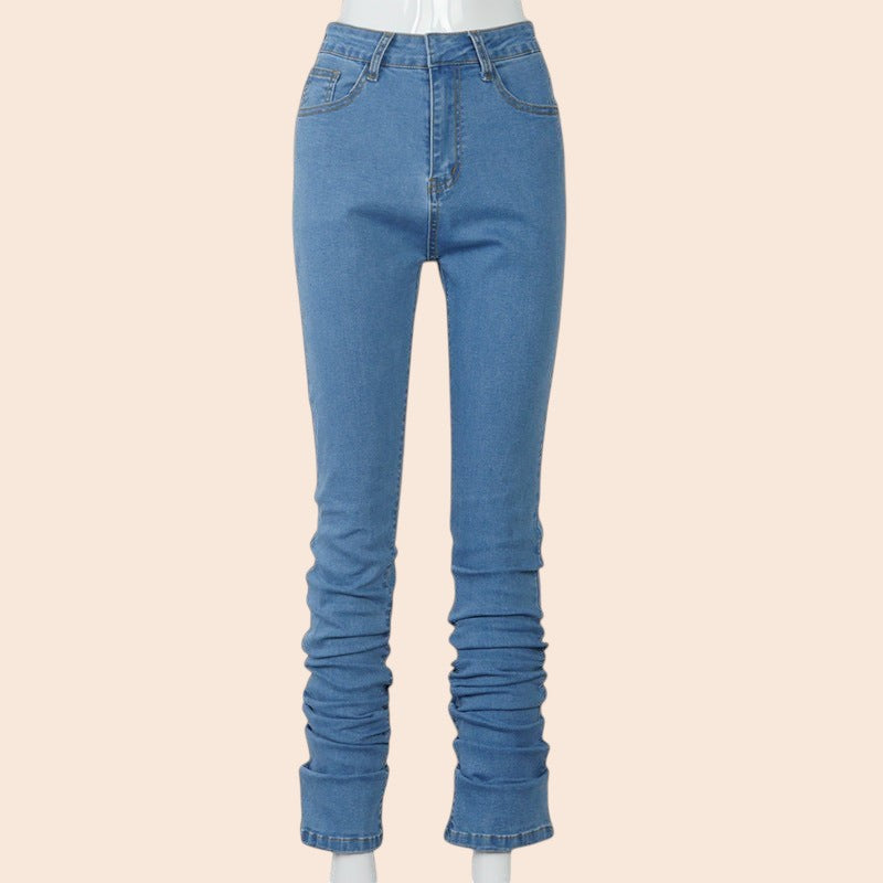 Ruched High-Waist Stacked Denim Jeans
