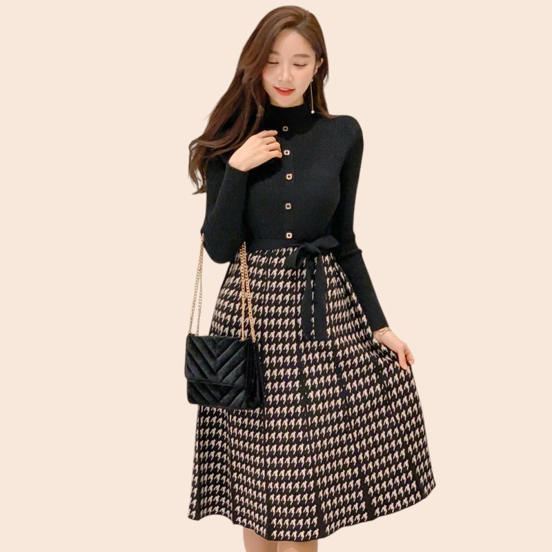 Houndstooth Tie-Waist Midi Skirt