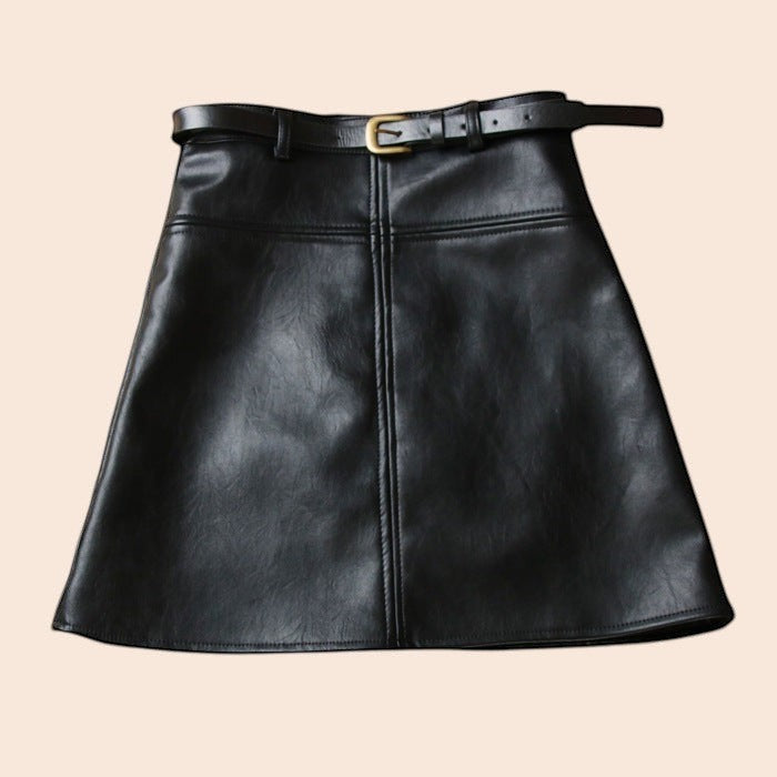 Belted High-Waisted Faux Leather A-Line Skirt