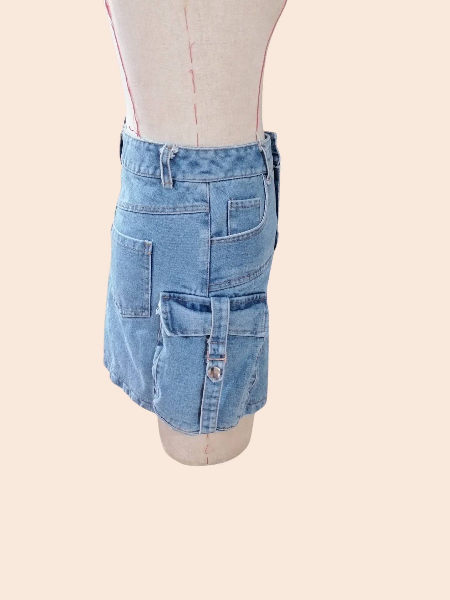 High-Waist Cargo Denim Mini Skirt