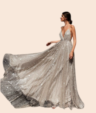 My Store Aurelia silver shimmer plunge maxi gown with a deep V-neckline and full flowing skirt for formal events.