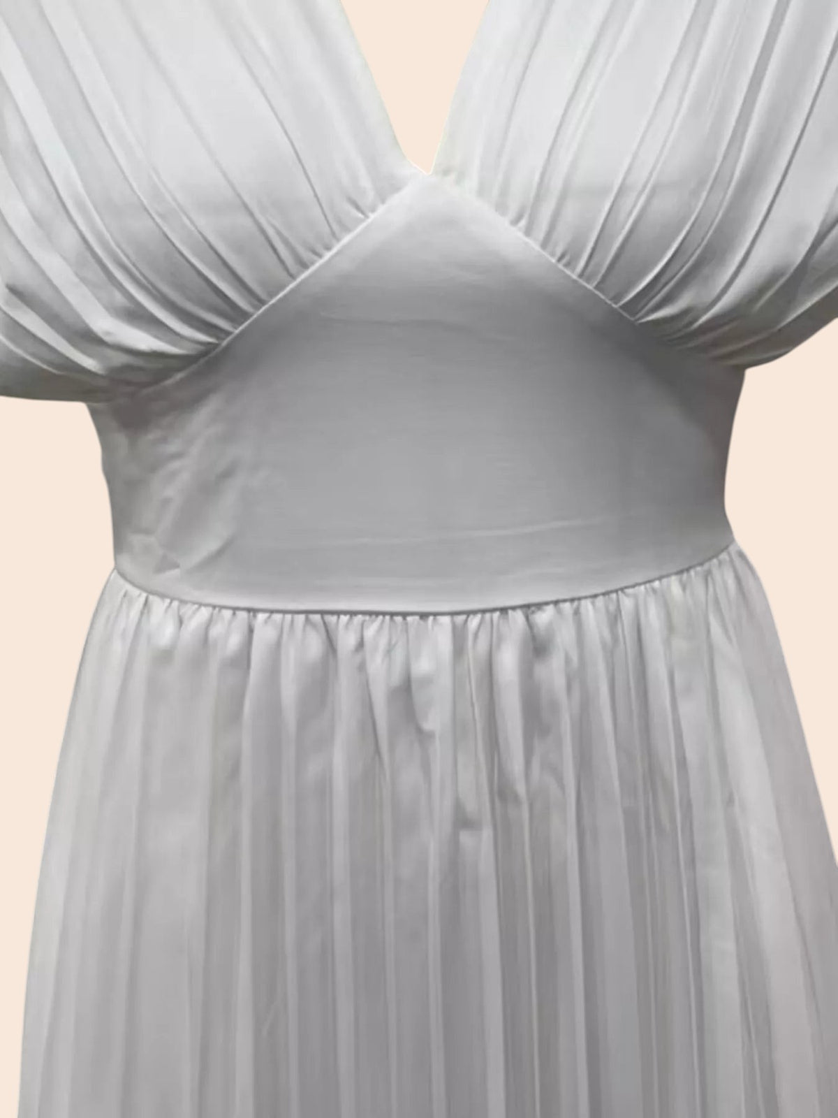 My Store white midi dress featuring a pleated V-neck bodice, wide fitted waistband, and flowing pleated skirt.