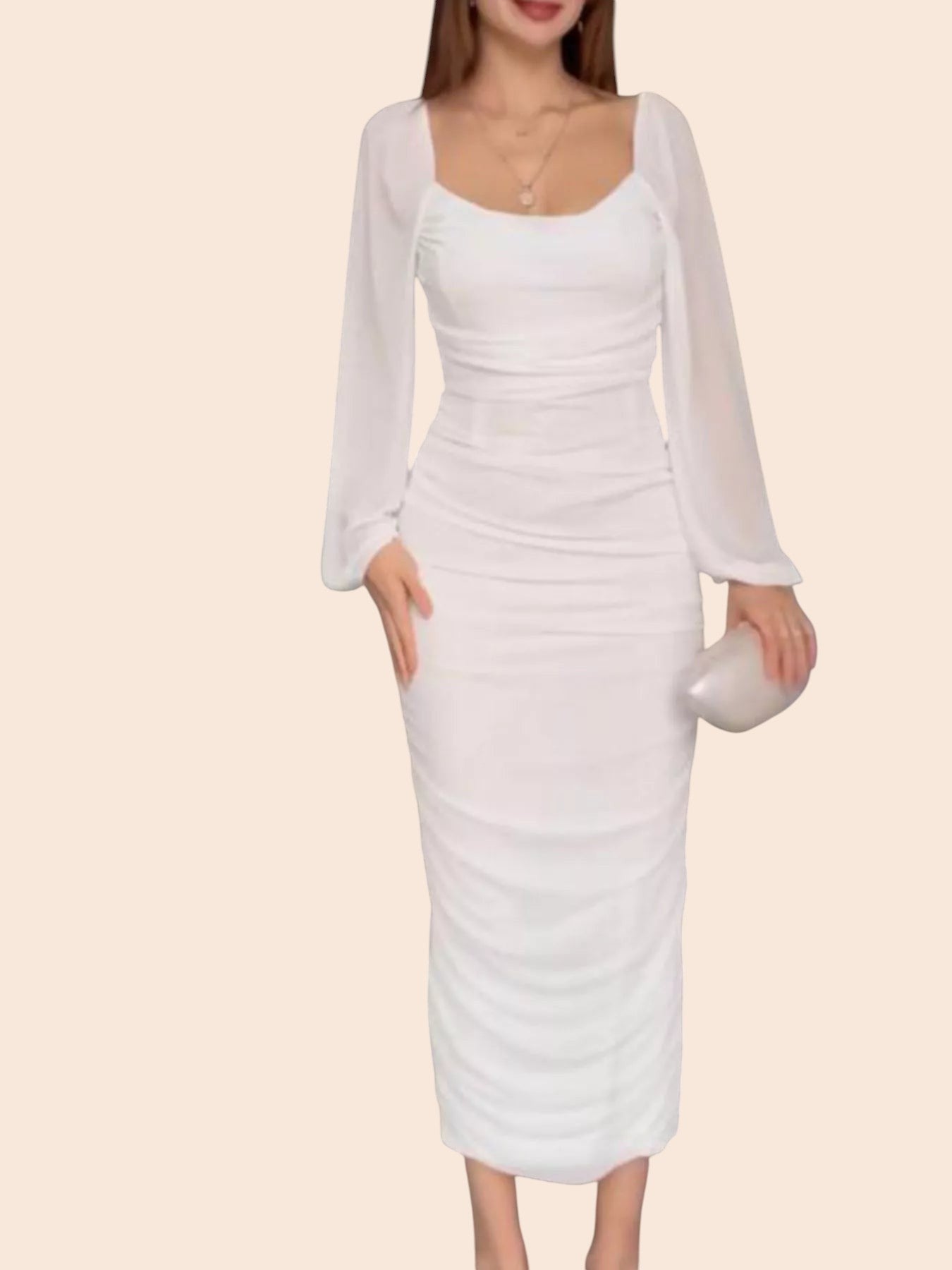 My Store white midi bodycon dress with ruched bodice, scoop neckline, and sheer long sleeves for elegant events.