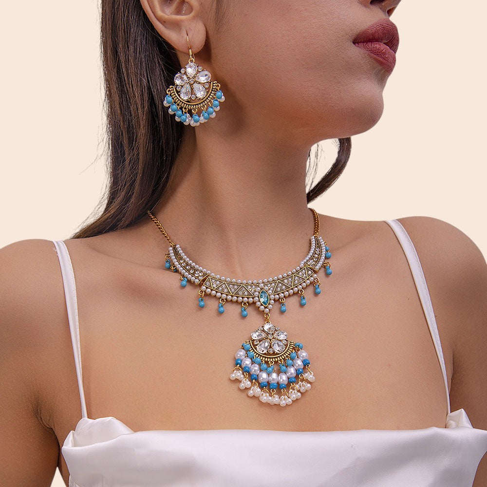 Vintage Pearl Flower Statement Necklace & Earring Set