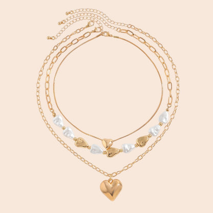 Layered Heart & Pearl Pendant Necklace