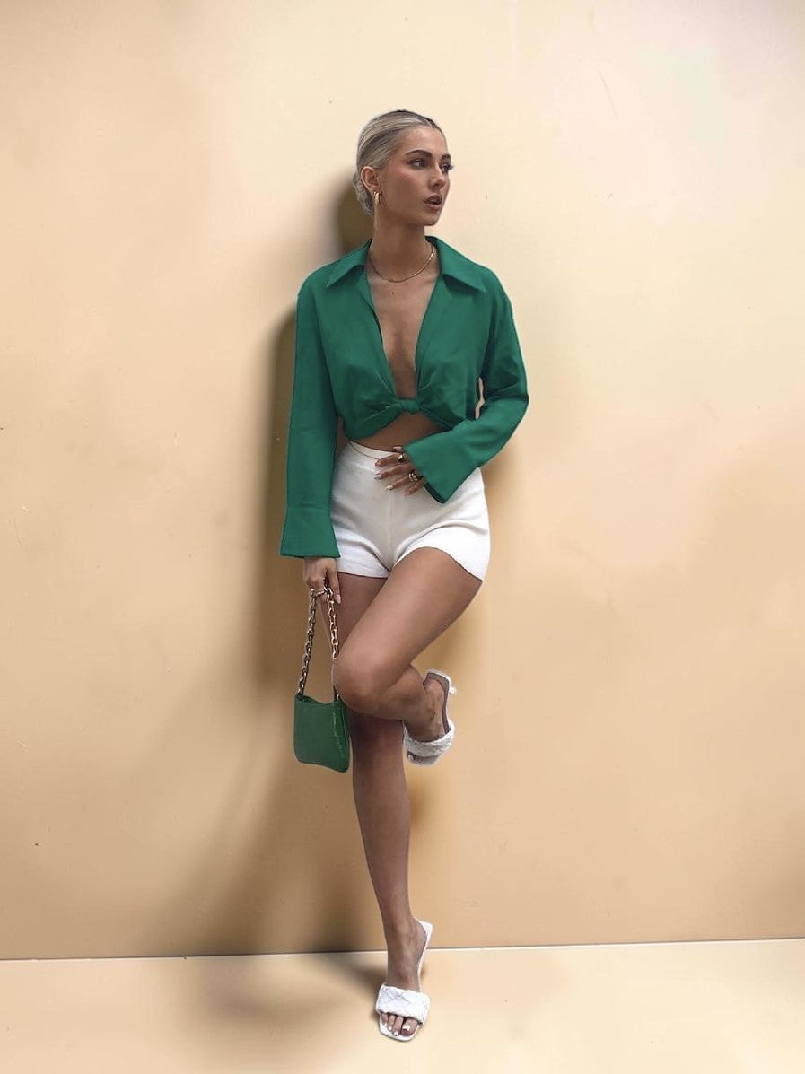 Emerald Satin Tie-Front Blouse