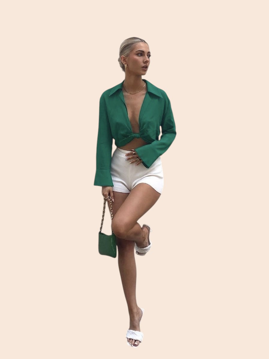 Emerald Satin Tie-Front Blouse