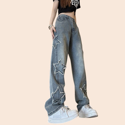 Star Patch High-Waist Straight Leg Jeans