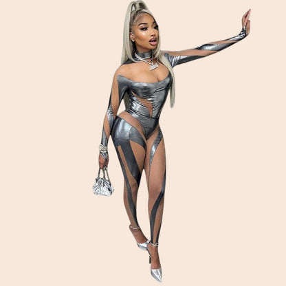 Metallic Illusion Mesh Jumpsuit Set