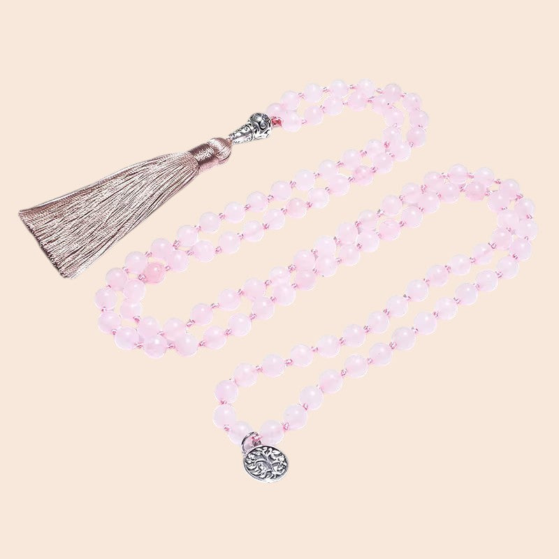 Rose Quartz Tassel Mala Necklace & Bracelet Set