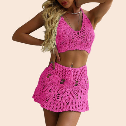Crochet Halter Bikini & Mini Skirt Set