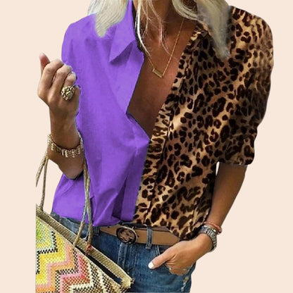 Leopard Contrast Button-Up Blouse