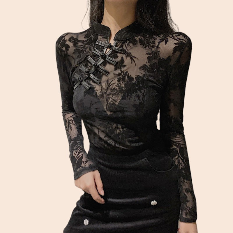 Sheer Lace Mesh Mock Neck Top
