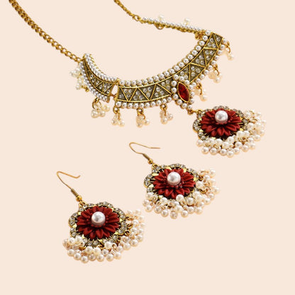 Vintage Pearl Flower Statement Necklace & Earring Set