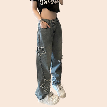 Star Patch High-Waist Straight Leg Jeans