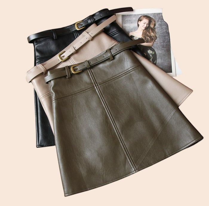 Belted High-Waisted Faux Leather A-Line Skirt