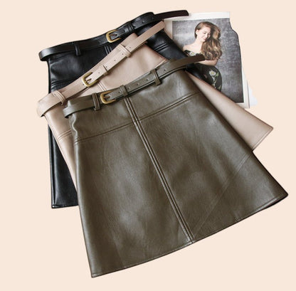Belted High-Waisted Faux Leather A-Line Skirt