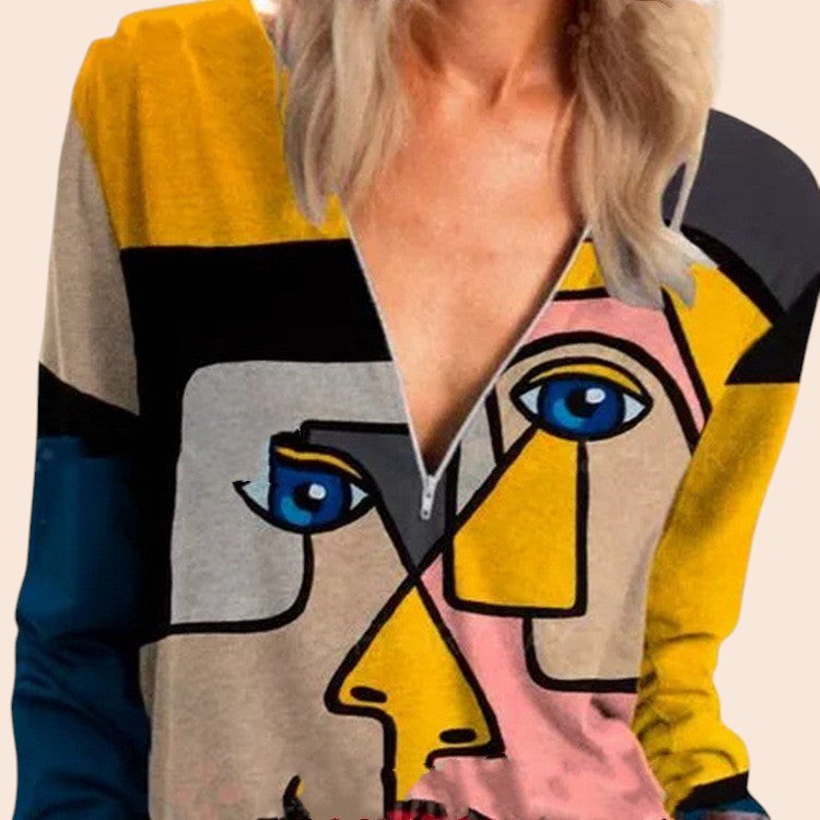 Abstract Face Art Print V-Neck Top