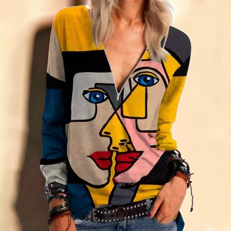 Abstract Face Art Print V-Neck Top