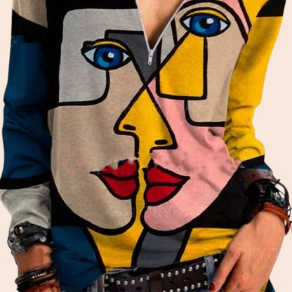 Abstract Face Art Print V-Neck Top