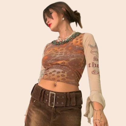 Contrasting Mesh Long Sleeve Crop Top