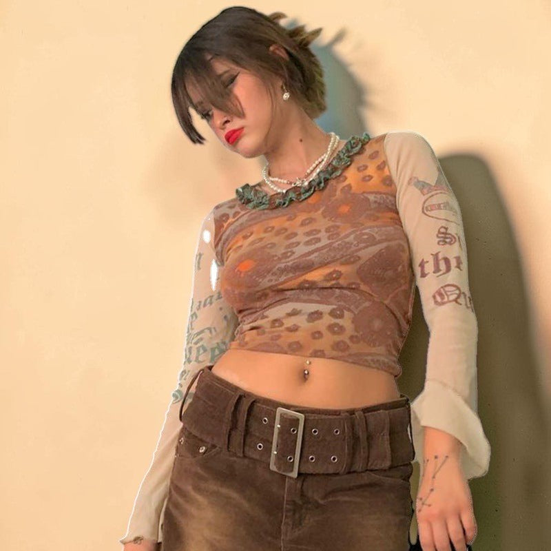 Contrasting Mesh Long Sleeve Crop Top