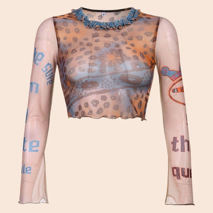 Contrasting Mesh Long Sleeve Crop Top