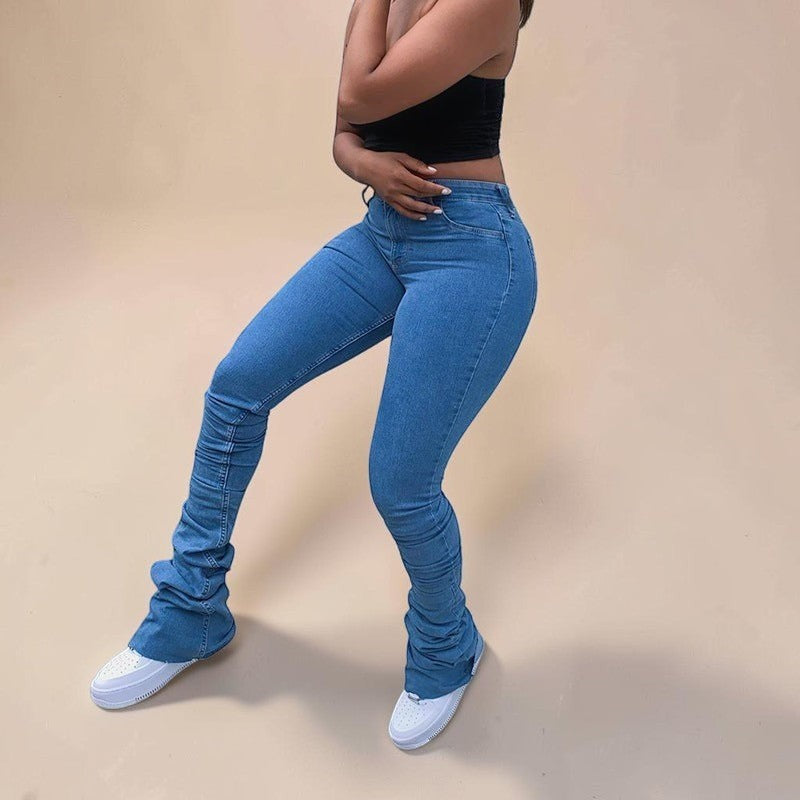 Ruched High-Waist Stacked Denim Jeans