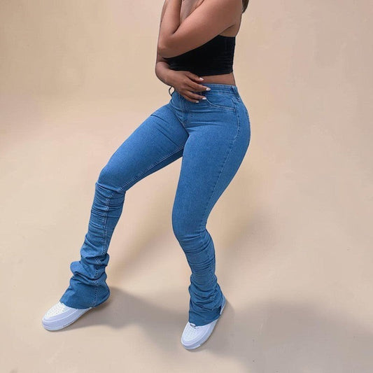 Ruched High-Waist Stacked Denim Jeans