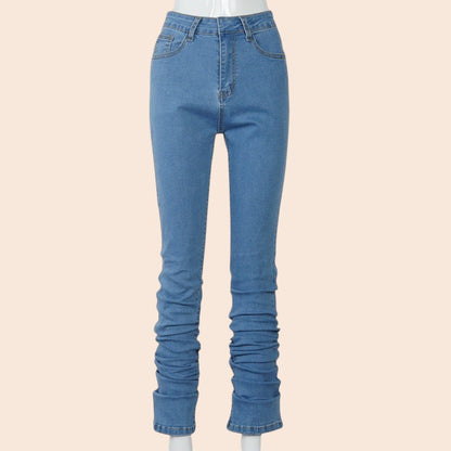 Ruched High-Waist Stacked Denim Jeans