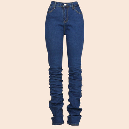 Ruched High-Waist Stacked Denim Jeans