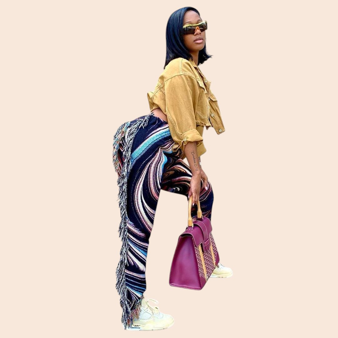 Abstract Velvet Fringe Pants – Street Glam Edition