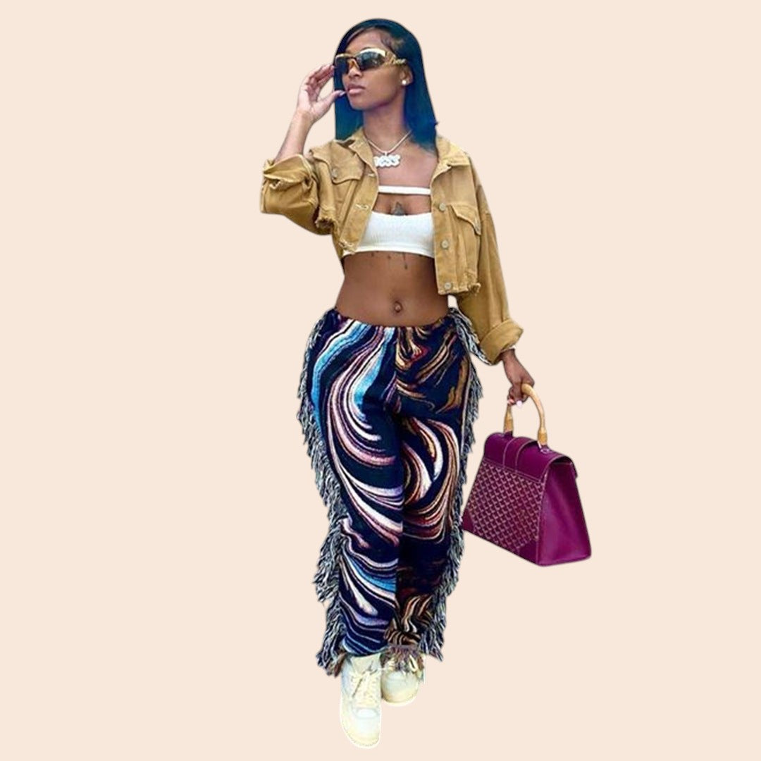 Abstract Velvet Fringe Pants – Street Glam Edition