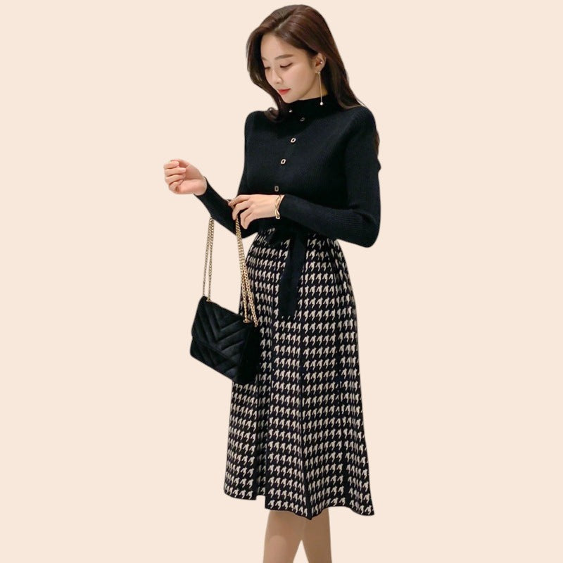 Houndstooth Tie-Waist Midi Skirt