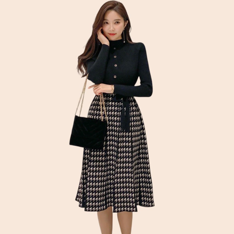 Houndstooth Tie-Waist Midi Skirt