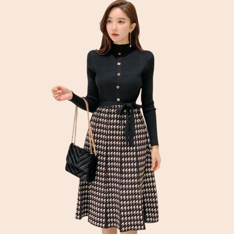 Houndstooth Tie-Waist Midi Skirt
