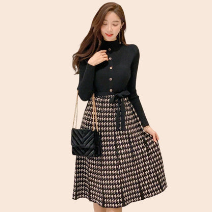 Houndstooth Tie-Waist Midi Skirt