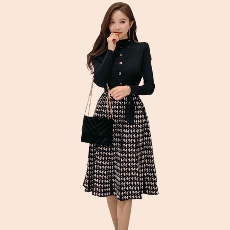 Houndstooth Tie-Waist Midi Skirt