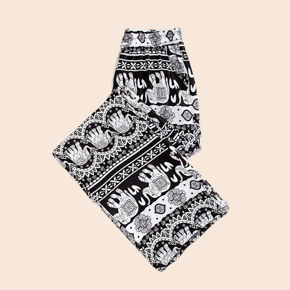 Thai Elephant Print Wide-Leg Pants – Boho Comfort Luxe