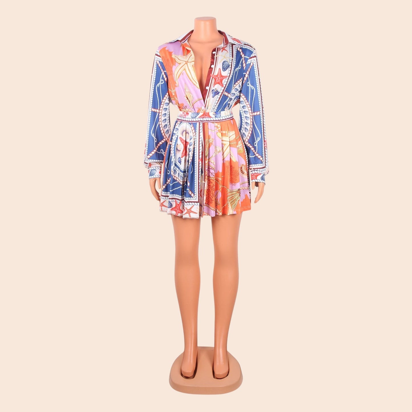 Printed Pleated Shirt Dress Set