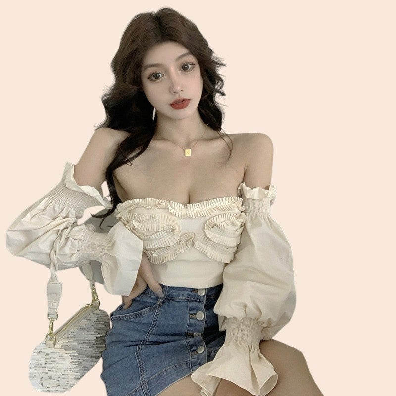 Off-Shoulder Ruched Long Sleeve Crop Top