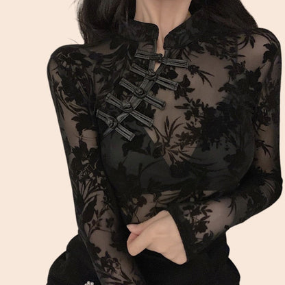 Sheer Lace Mesh Mock Neck Top