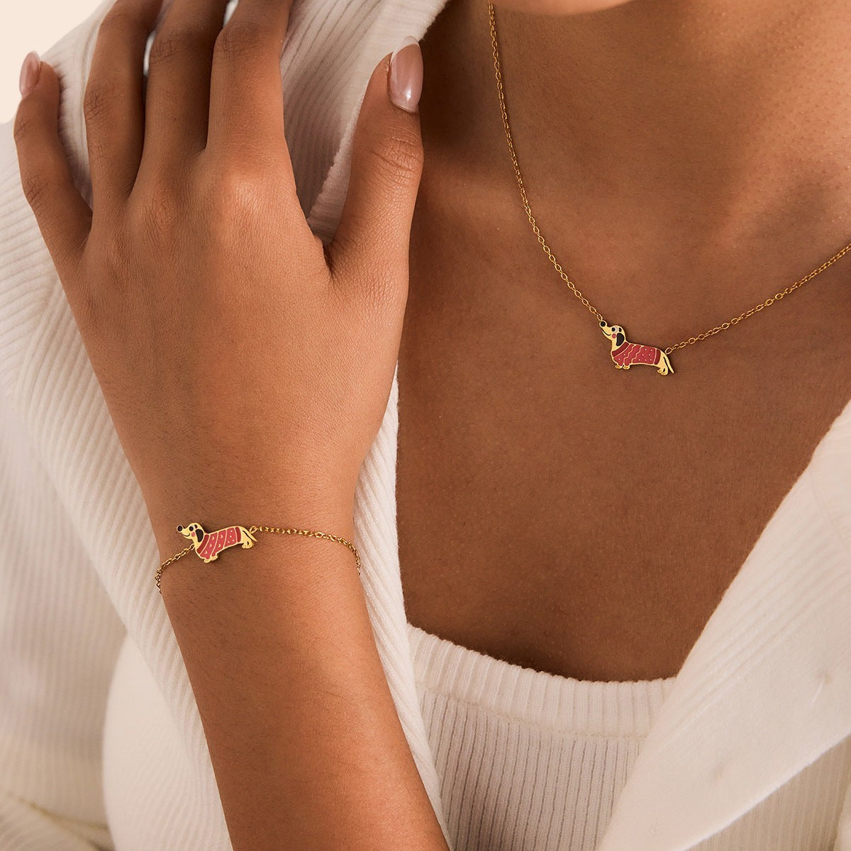 Cute Puppy Charm Necklace & Bracelet Set
