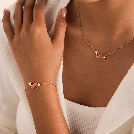 Cute Puppy Charm Necklace & Bracelet Set
