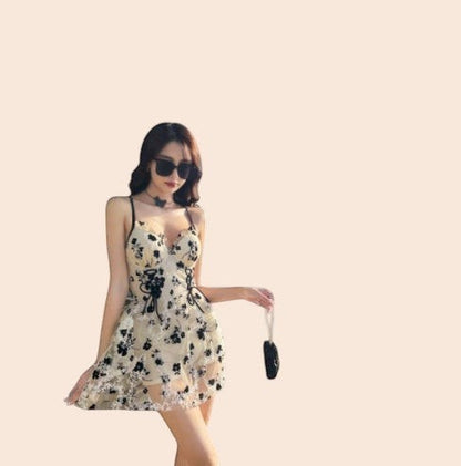 Floral Embroidered Mesh Mini Dress