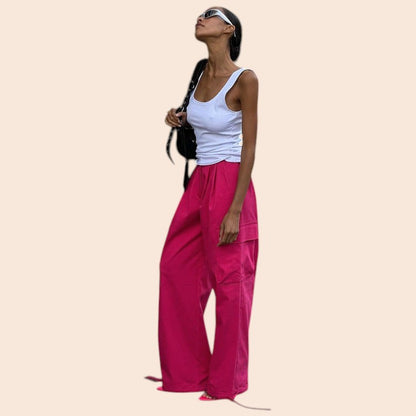 Rose Red Lace-Up Wide-Leg Cargo Pants