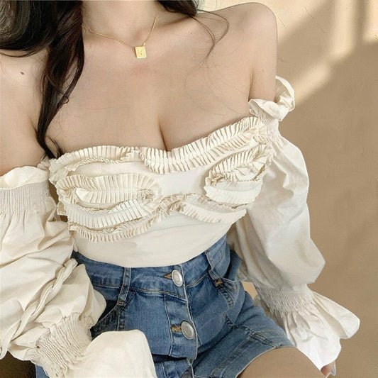 Off-Shoulder Ruched Long Sleeve Crop Top