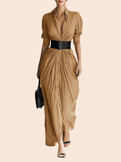Elegant Belted Lapel Maxi Shirt Dress