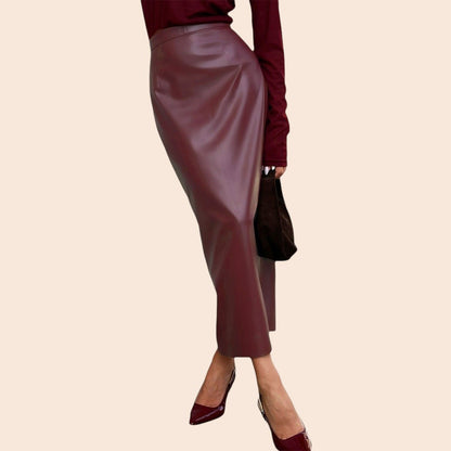 Wine Red Faux Leather Midi Slit Skirt